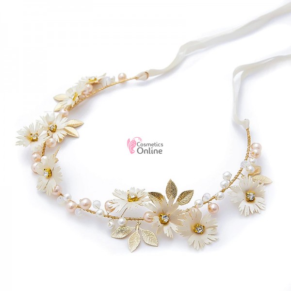 Accesoriu modern pentru decor par WED07MM Auriu cu cristale si perle de 29cm
